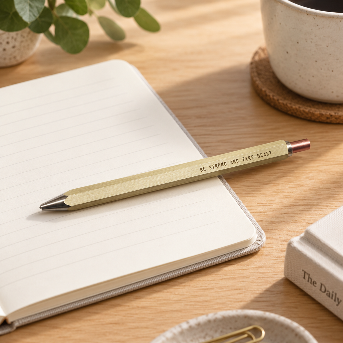 Hex Classic personalised brass ballpoint pen engraved Be Strong and Take Heart on an open notebook in a warm sunlit desk setting