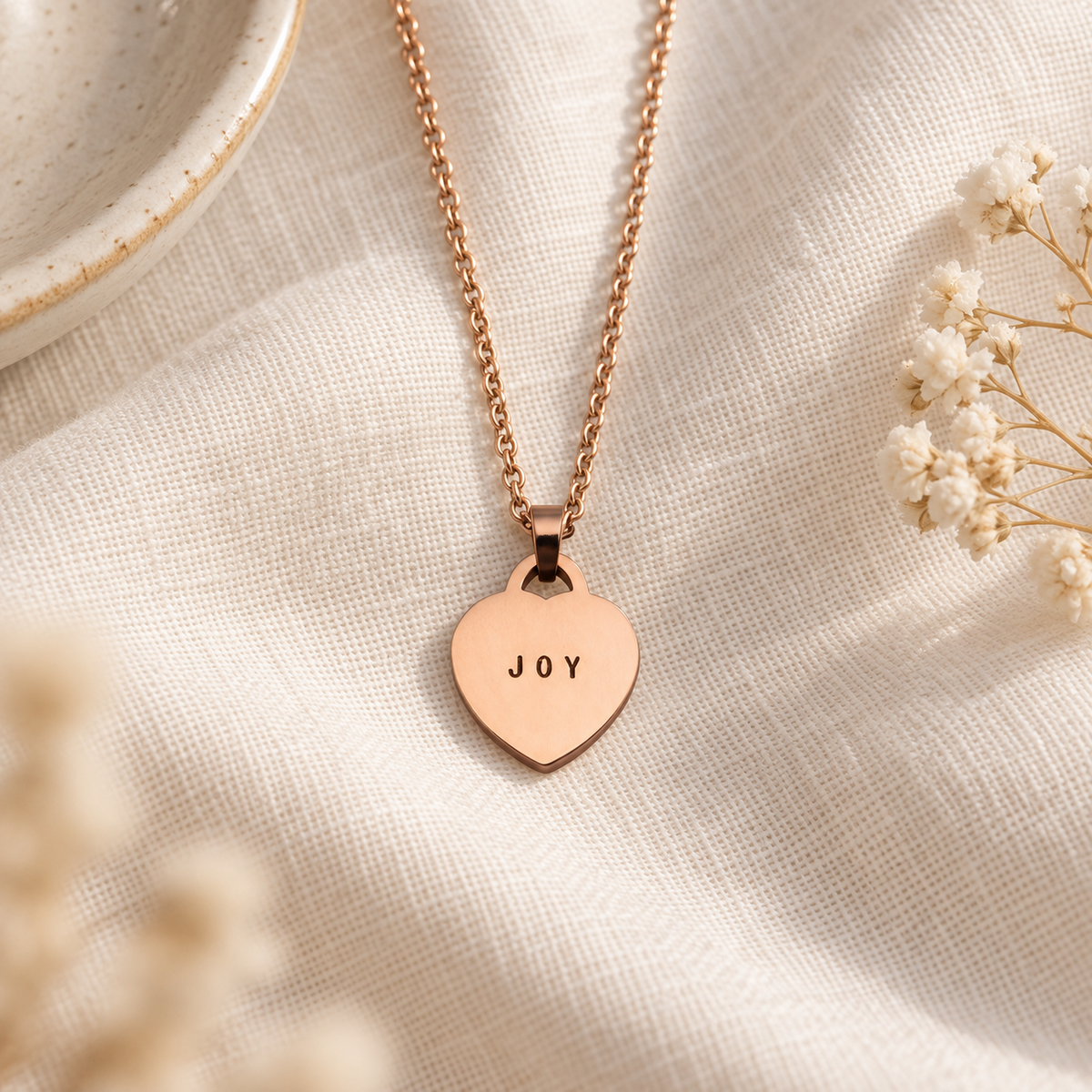 Rose gold heart shaped pendant necklace personalised with Joy styled on cream linen with delicate dried flowers