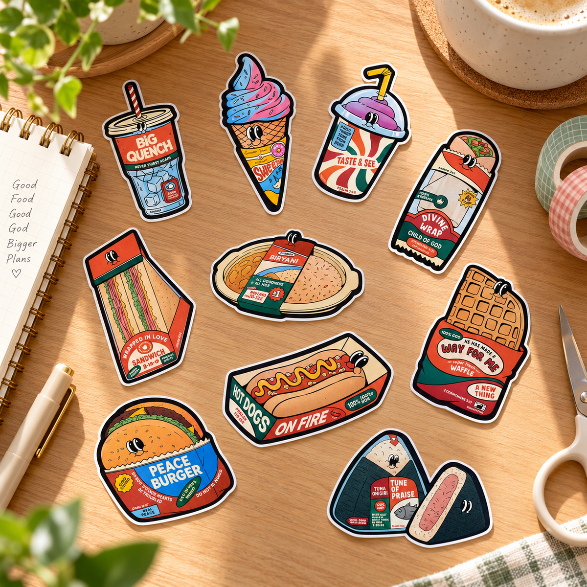 Love Supermarket Munches faith-inspired food vinyl stickers styled individually on a sunlit wooden desk
