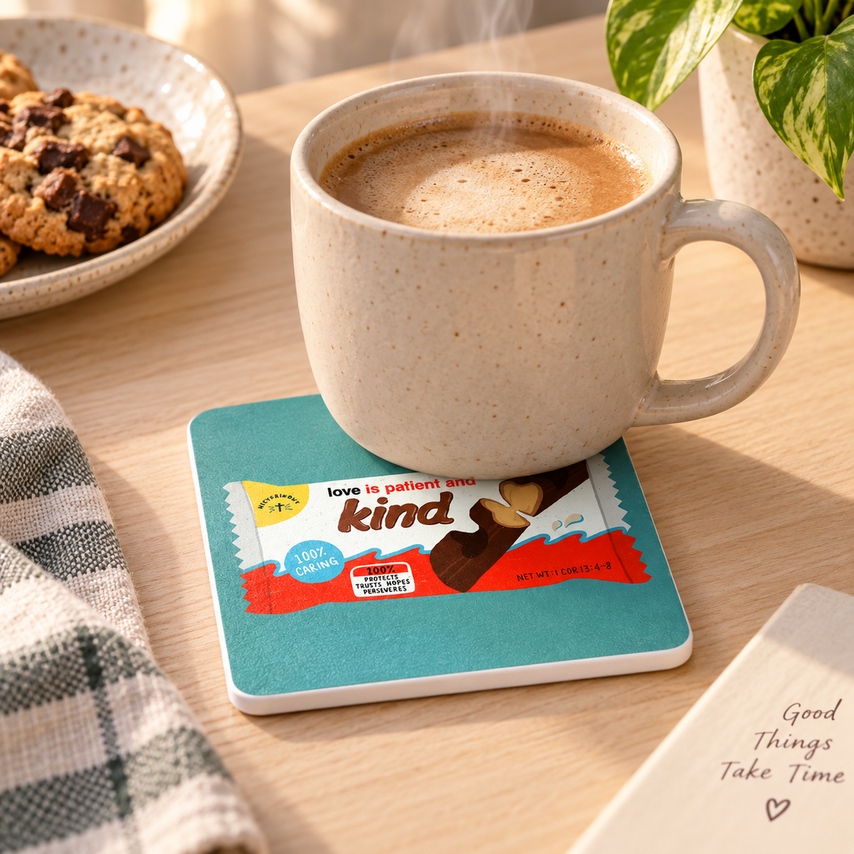 Love Is Patient and Kind chocolate bar Christian coaster with white sides styled under a ceramic coffee mug
