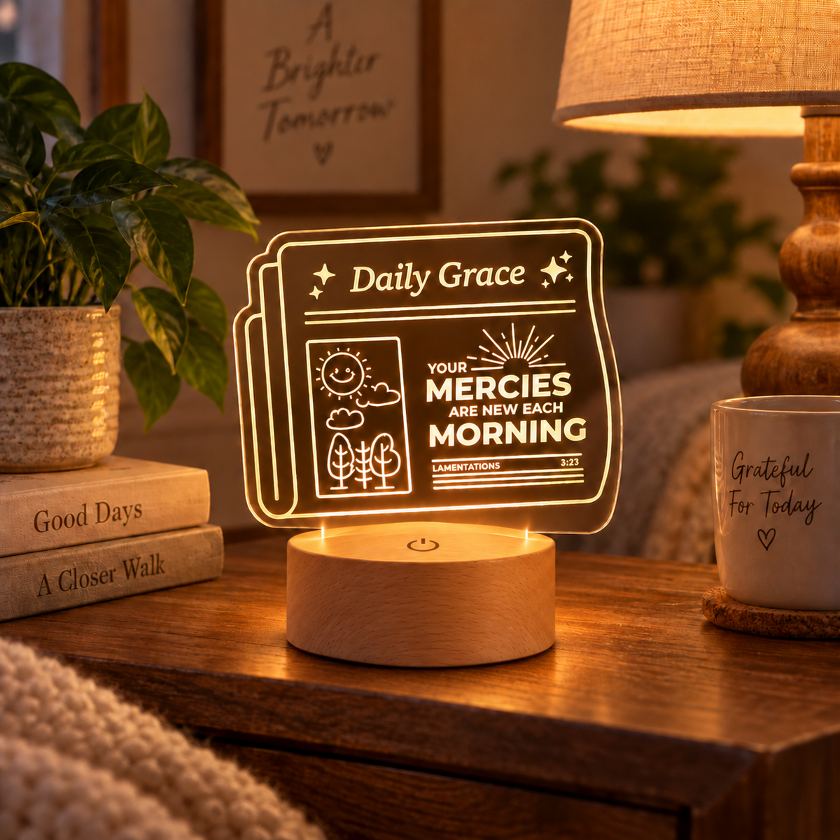 His Mercies Are New Every Morning Christian night light glowing on a thick wooden base in a cosy home setting