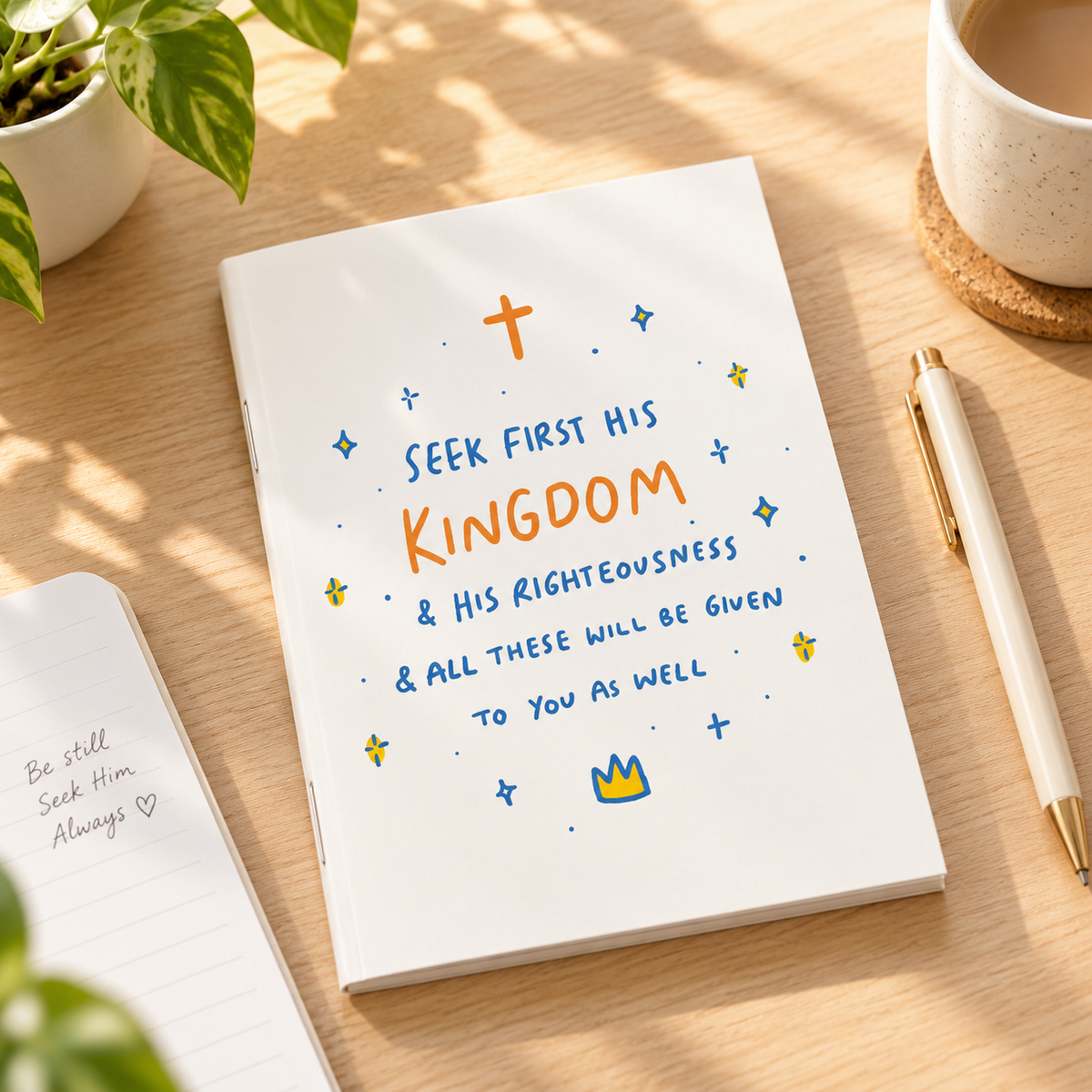 Seek First His Kingdom A6 Christian notebook styled on a warm sunlit desk with greenery, coffee and a pen