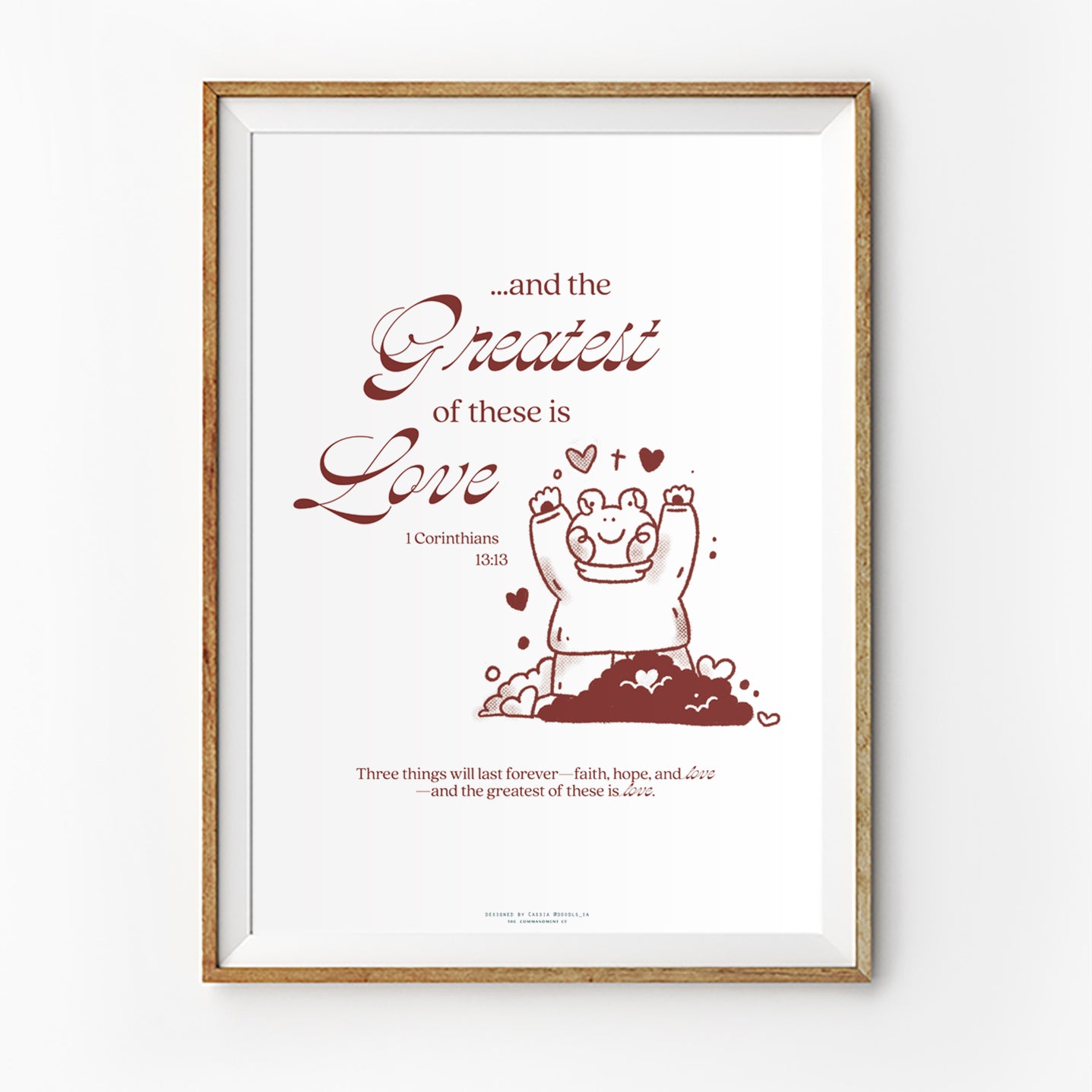 Christian poster featuring 1 Corinthians 13:13, “The greatest of these is love,” with a joyful illustrated character and hearts