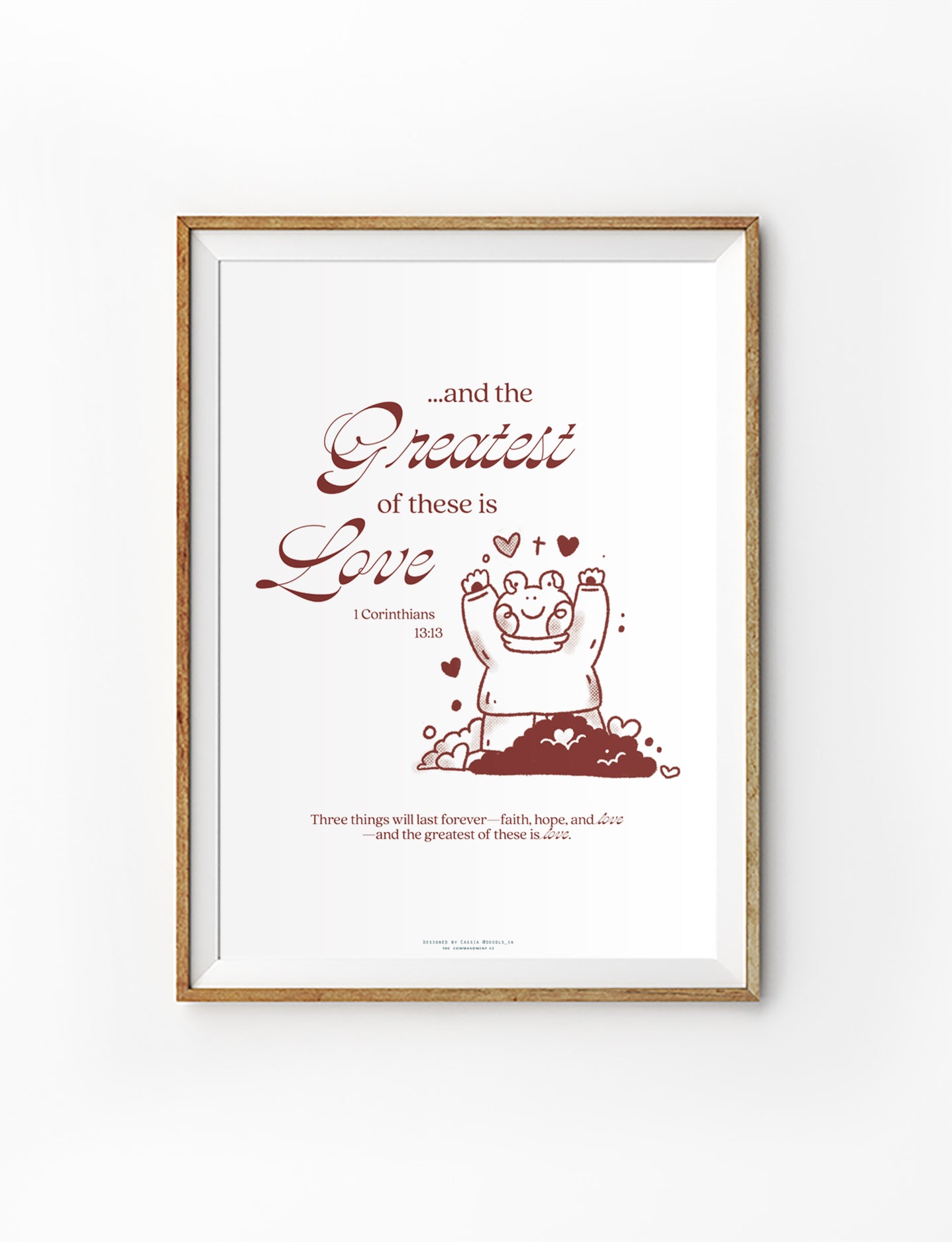 Christian poster featuring 1 Corinthians 13:13, “The greatest of these is love,” with a joyful illustrated character and hearts