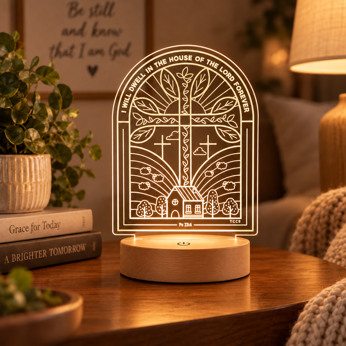I Will Dwell in the House of the Lord Psalm 23:6 Christian night light glowing on a wooden table in a warm homely setting