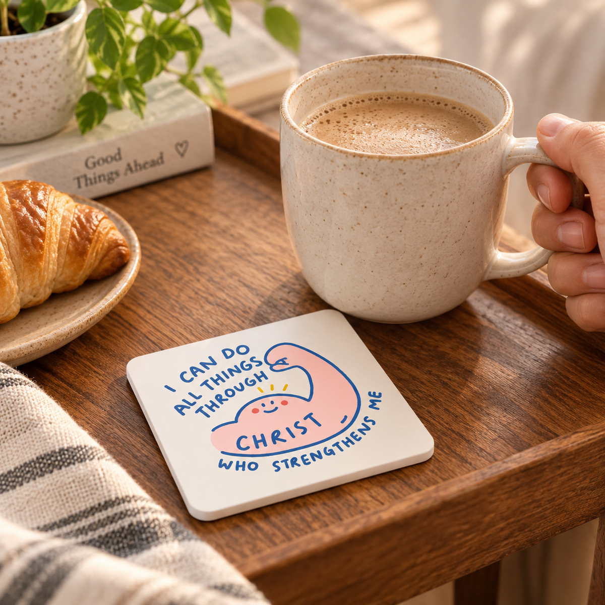 I Can Do All Things Through Christ Philippians 4:13 Christian coaster with white sides styled on a warm wooden breakfast tray