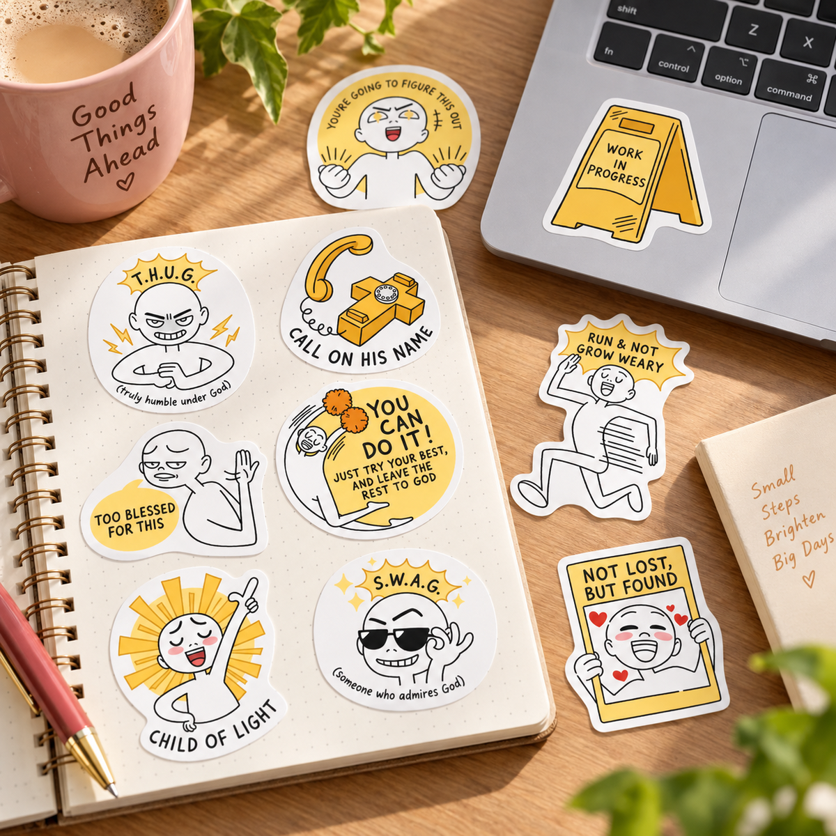 Vol. 3 Highkey Blessed Everyday Believer Christian sticker pack styled across a notebook and laptop on a bright desk