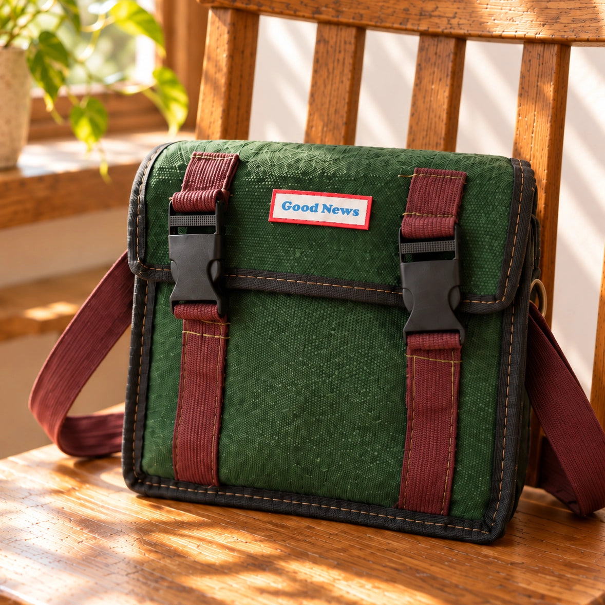 10th Anniversary Good News green canvas postman sling bag styled on a wooden chair.