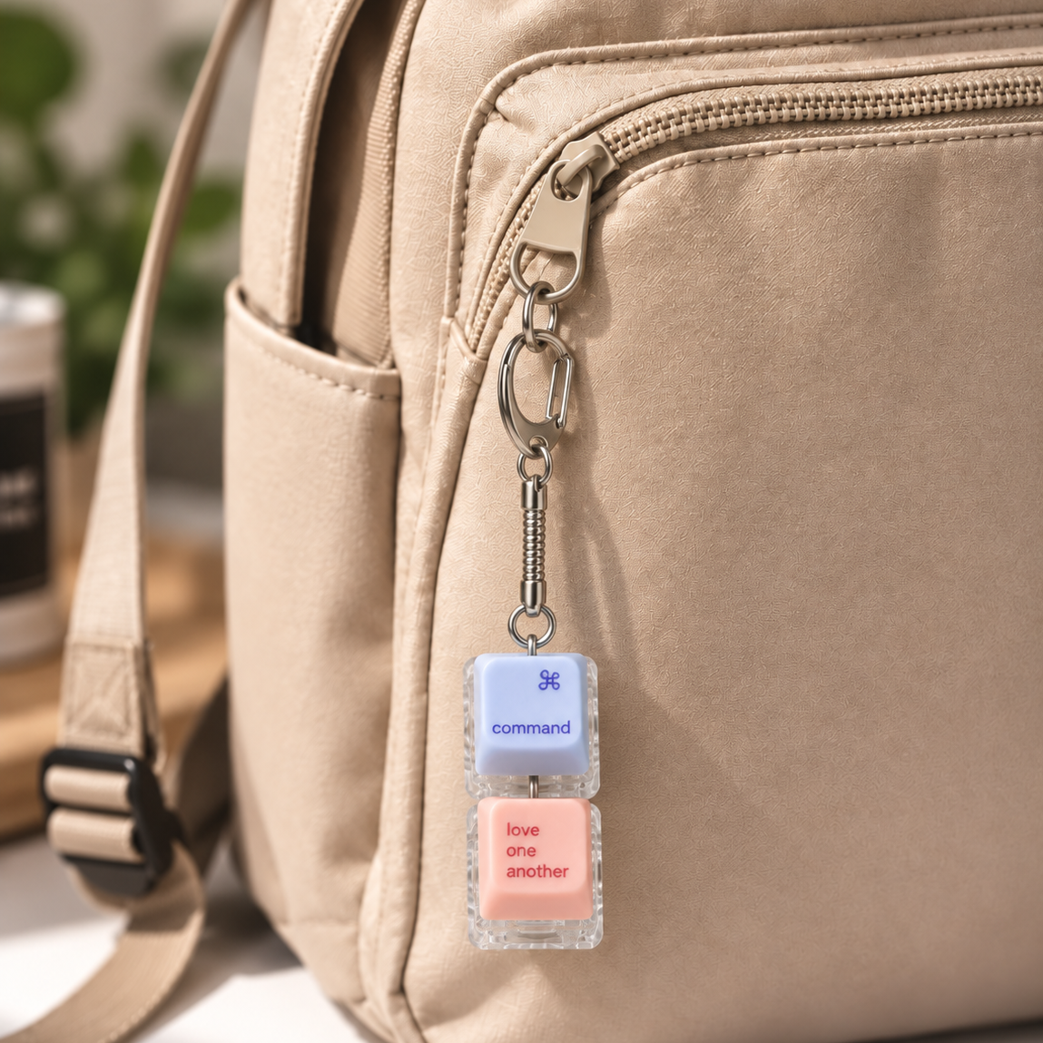 Command Love One Another light-up keycap keychain hanging straight from a beige bag in a warm lifestyle setting