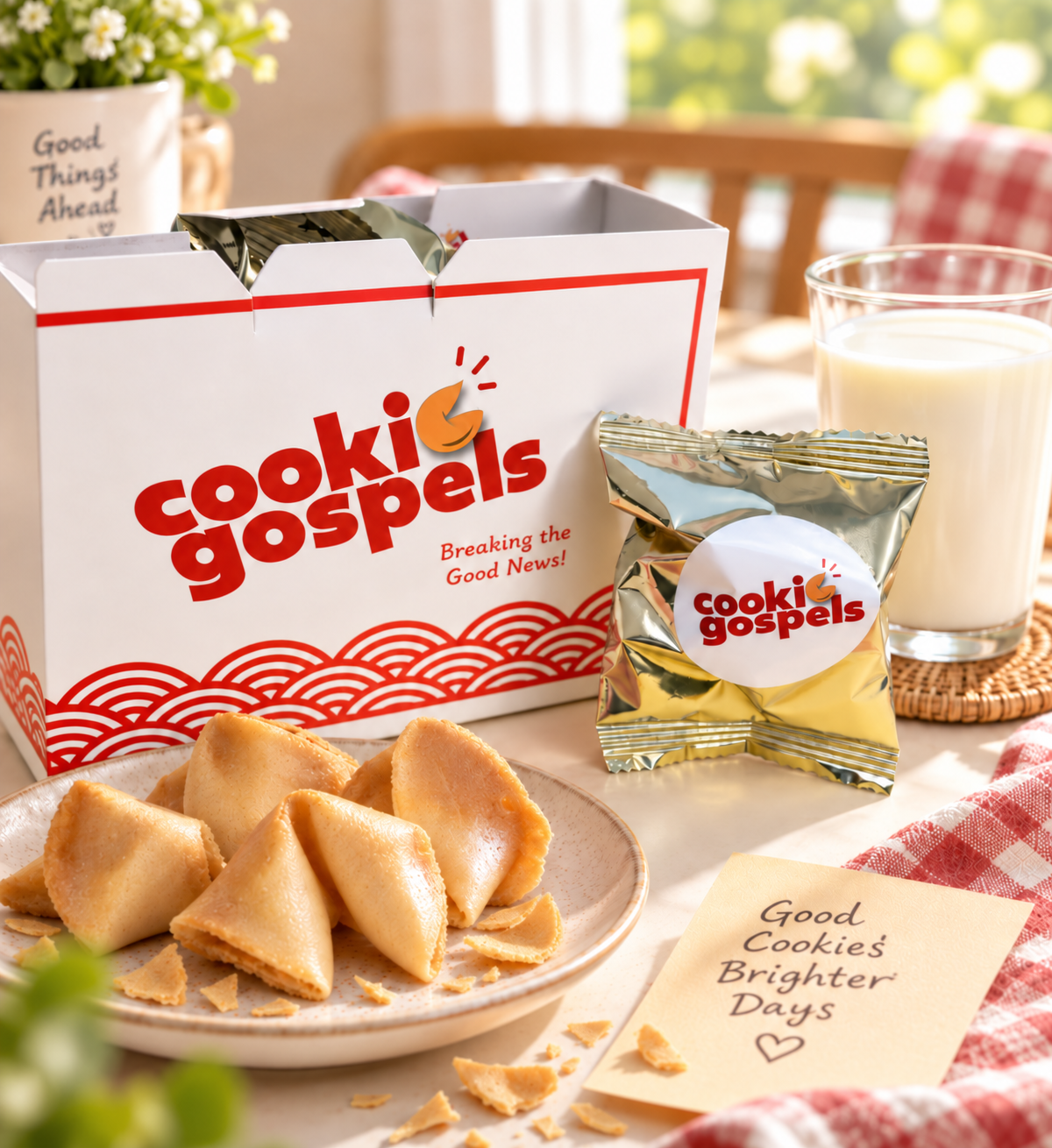 Gospel Cookies Christian fortune cookies with branded gift box and individually wrapped cookie pack in a warm breakfast setting