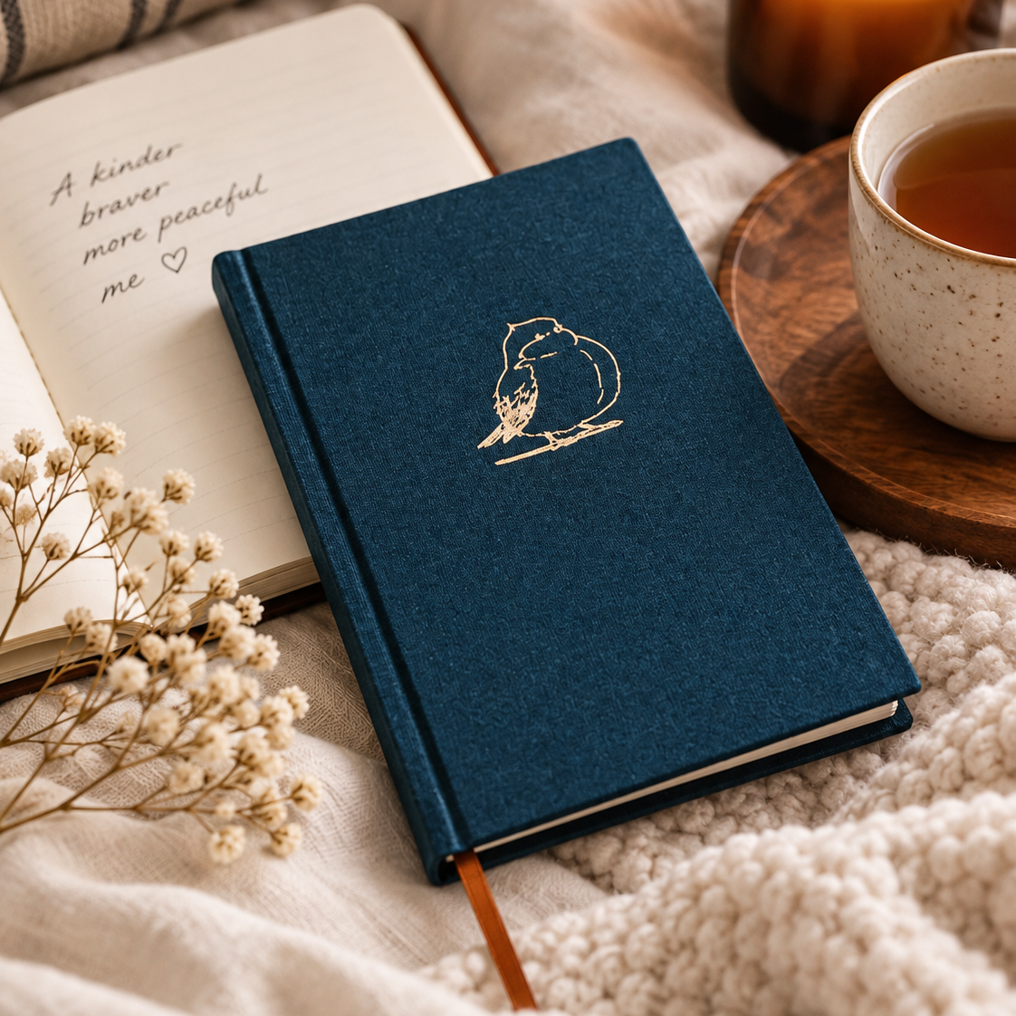 Seen Sparrow navy fabric hardcover Christian journal styled with an open notebook, candle and tea in a cosy reading setting