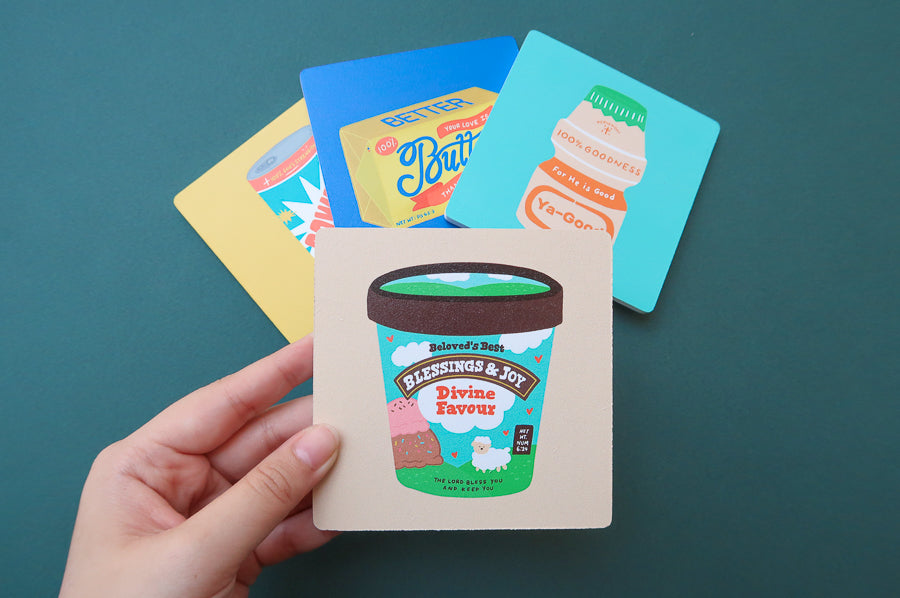 Love Supermarket seasonal Christian wooden coaster assortment.