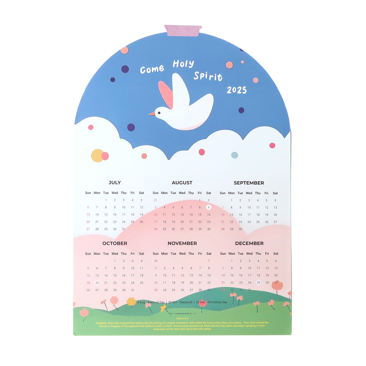 2025 'Come Holy Spirit' calendar featuring a colorful dove illustration, designed as an inspirational Christian faith-based gift and yearly planner.