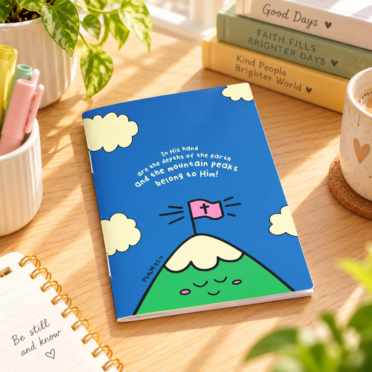 The Mountain Peaks Belong To Him A6 Christian notebook styled on a bright wooden desk with stationery, coffee and plants