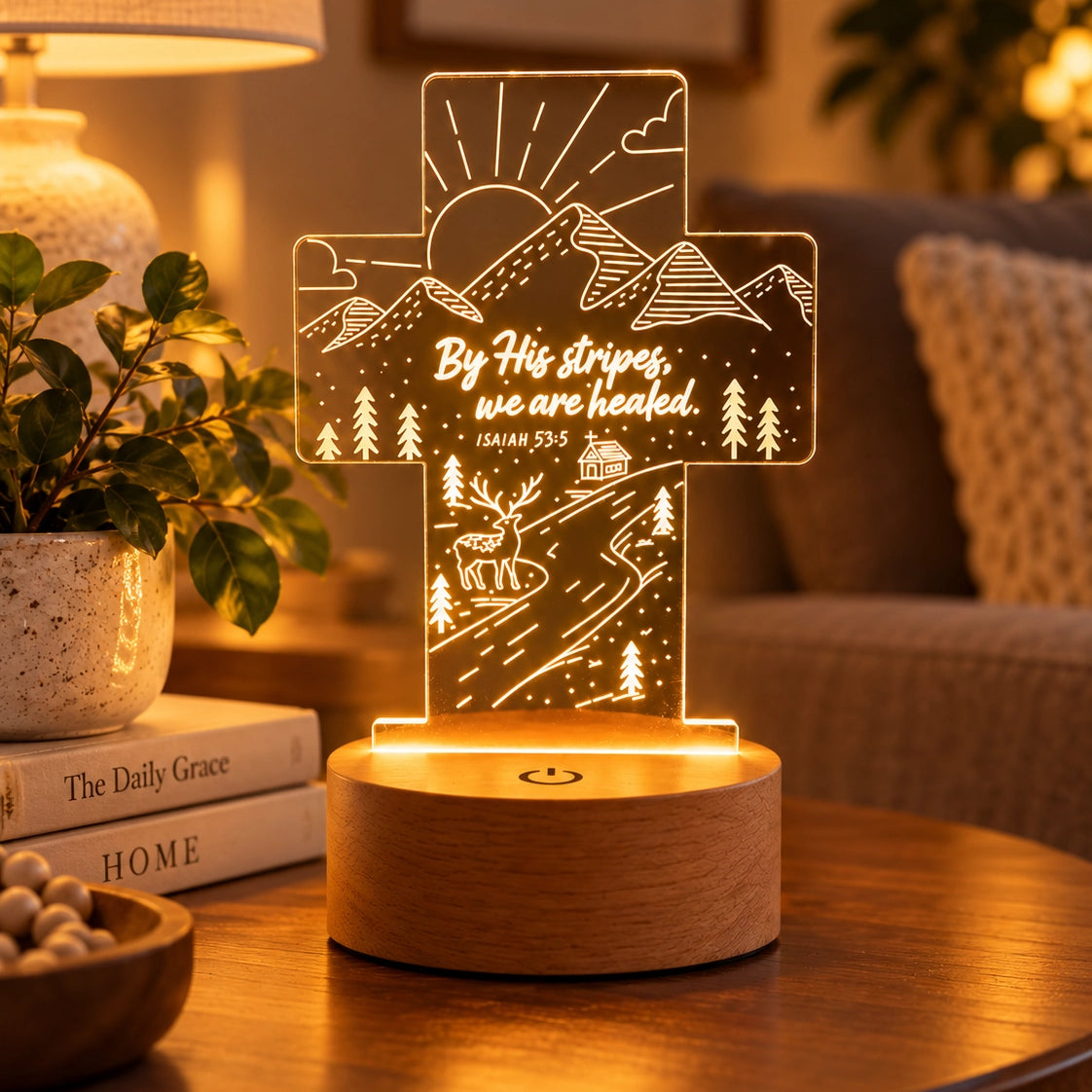 We Are Healed Isaiah 53:5 Christian night light glowing on a thick wooden base in a warm cosy living room