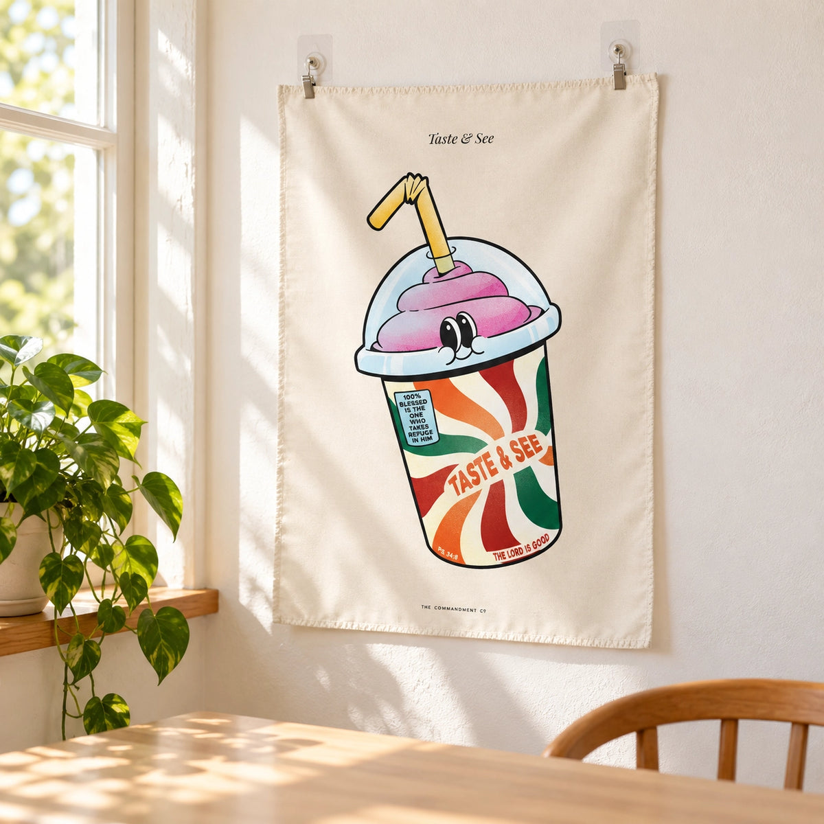 Taste and See Slushie Christian wall tapestry inspired by Psalm 34:8 in a sunlit home