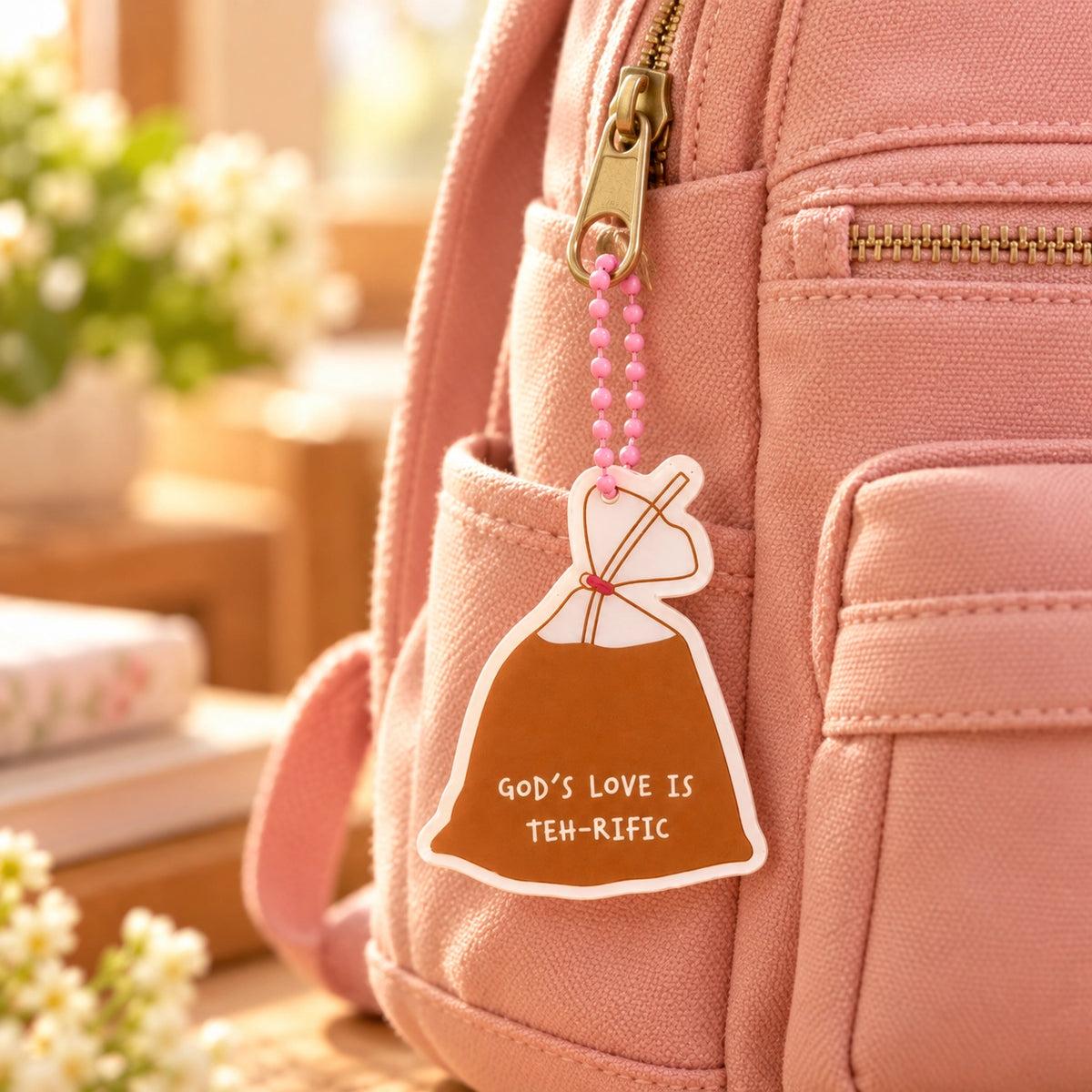 God's Love Is Teh-rific acrylic drink bag keychain hanging from a pink backpack zipper in warm natural light