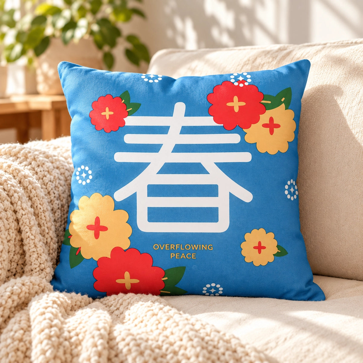 Overflowing Peace spring cushion cover styled on a neutral sofa in a bright living room.