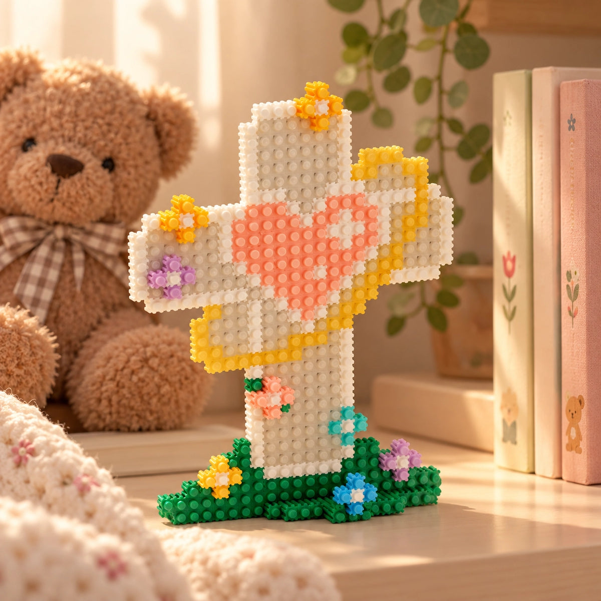 Hope Like Light micro block cross building set displayed on a shelf with books and a teddy bear.
