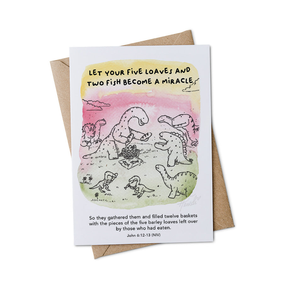 Charming dino brings Christian joy to your day.