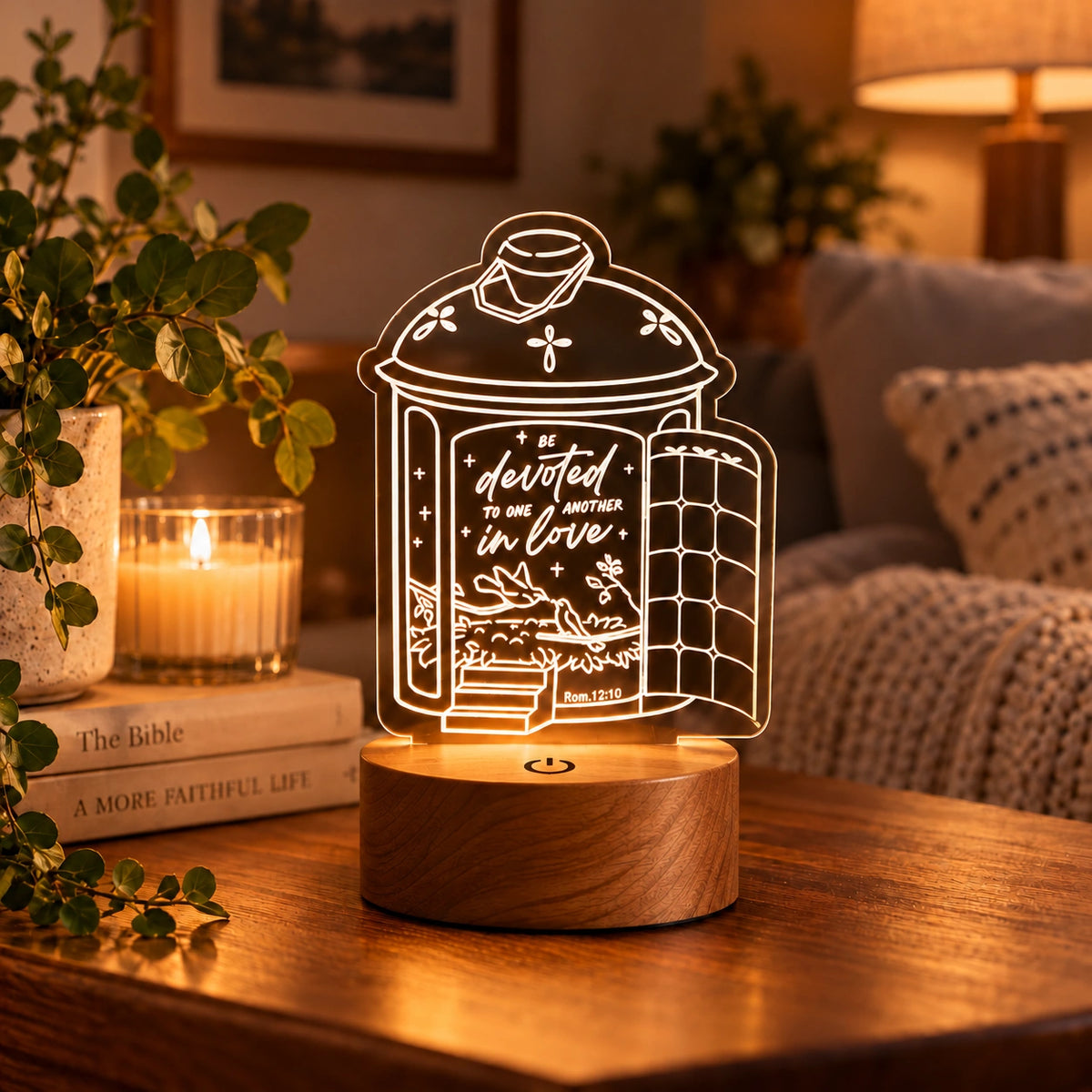 Be Devoted to One Another in Love Romans 12:10 Christian night light glowing on a wooden side table in a cosy living room