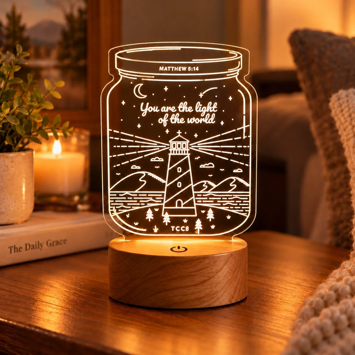 Light of the World lighthouse night light glowing on a wooden table in a cosy room