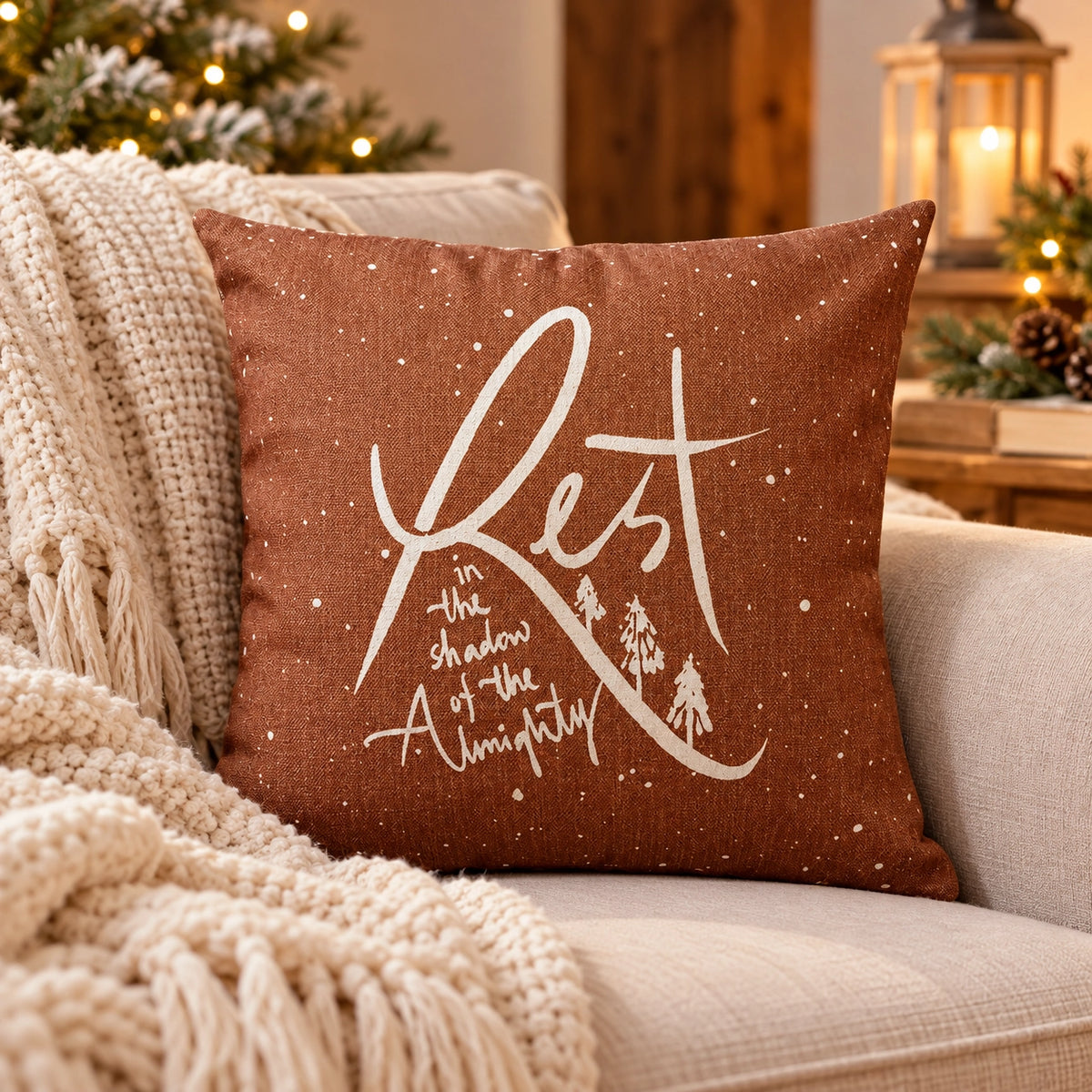 Rest in the shadow of the Almighty brown Christian cushion cover on a cosy sofa