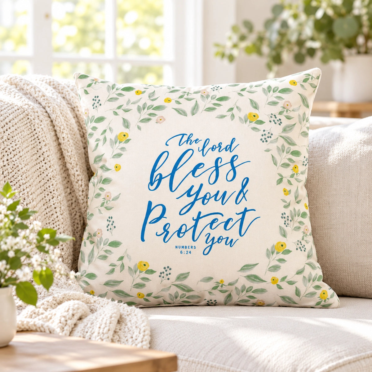 The Lord Bless and Protect You floral Christian cushion cover on a bright sofa
