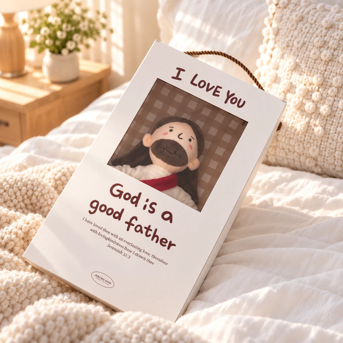 Jesus plushie in white I Love You God Is a Good Father window gift box on a cosy bed.