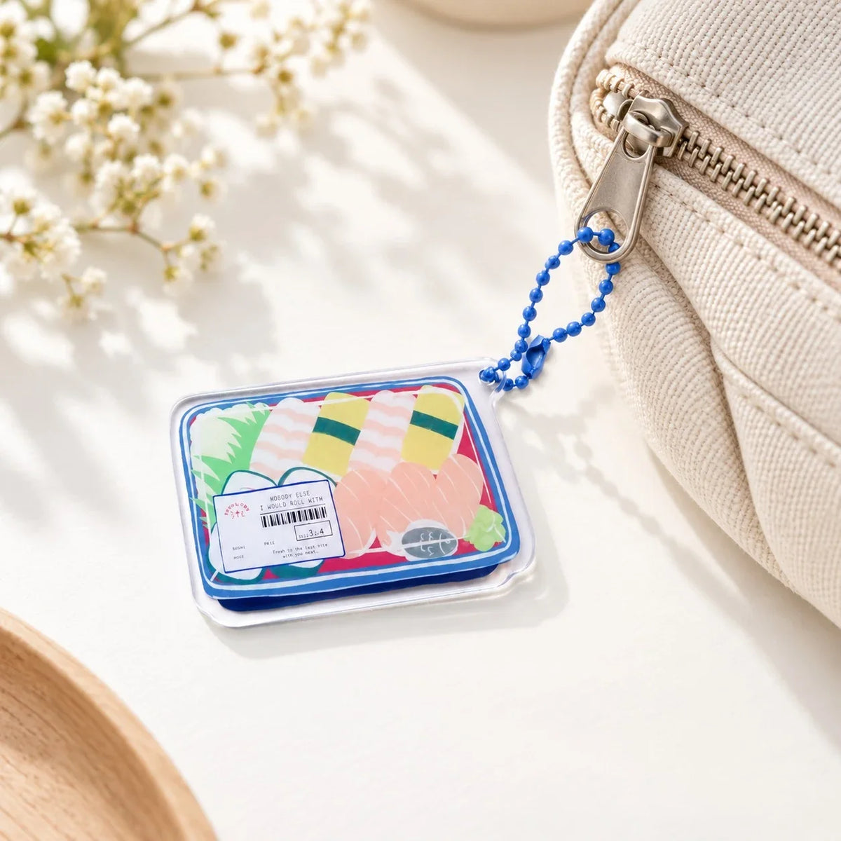 Trust in the Lord sushi set acrylic keychain on canvas bag