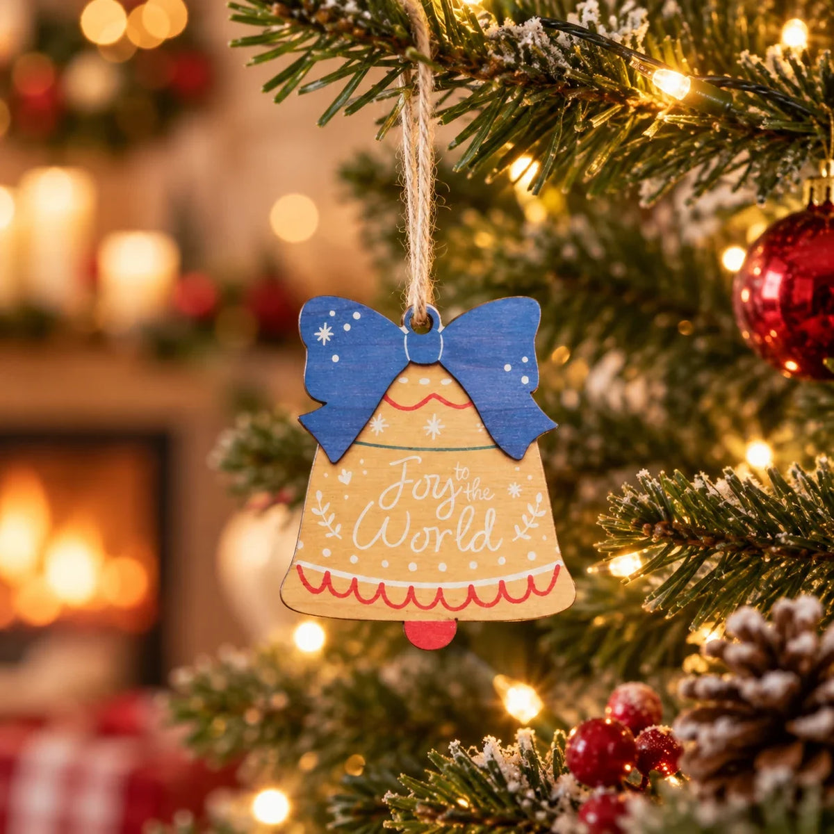Joy to the World wooden bell Christmas bauble on a lit tree