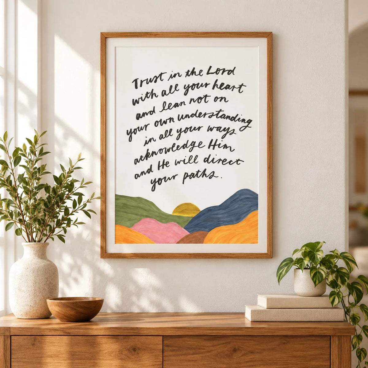 Trust in the Lord Bible verse poster in wood frame on wall