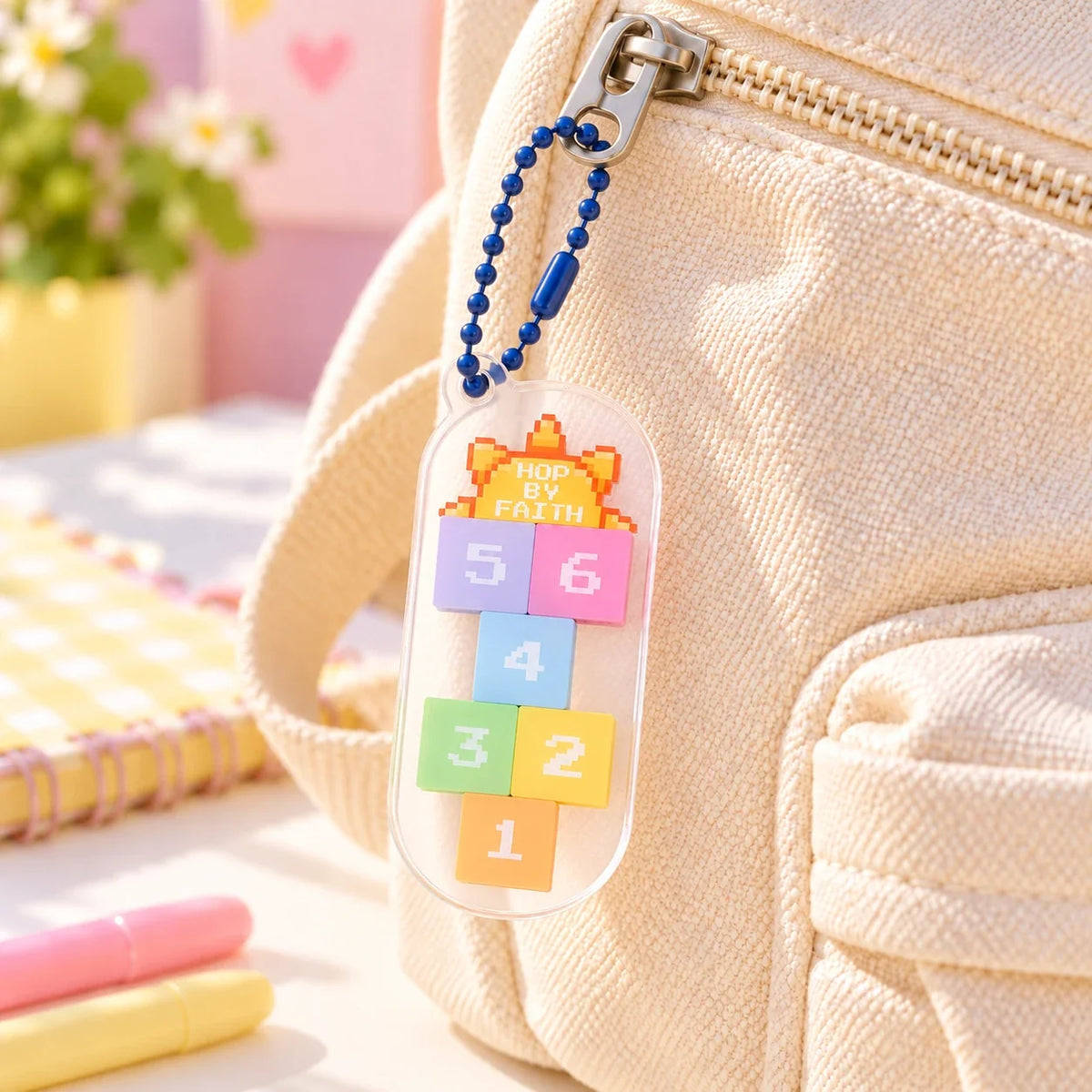 Hop by Faith pastel hopscotch acrylic keychain hanging on cream bag zipper