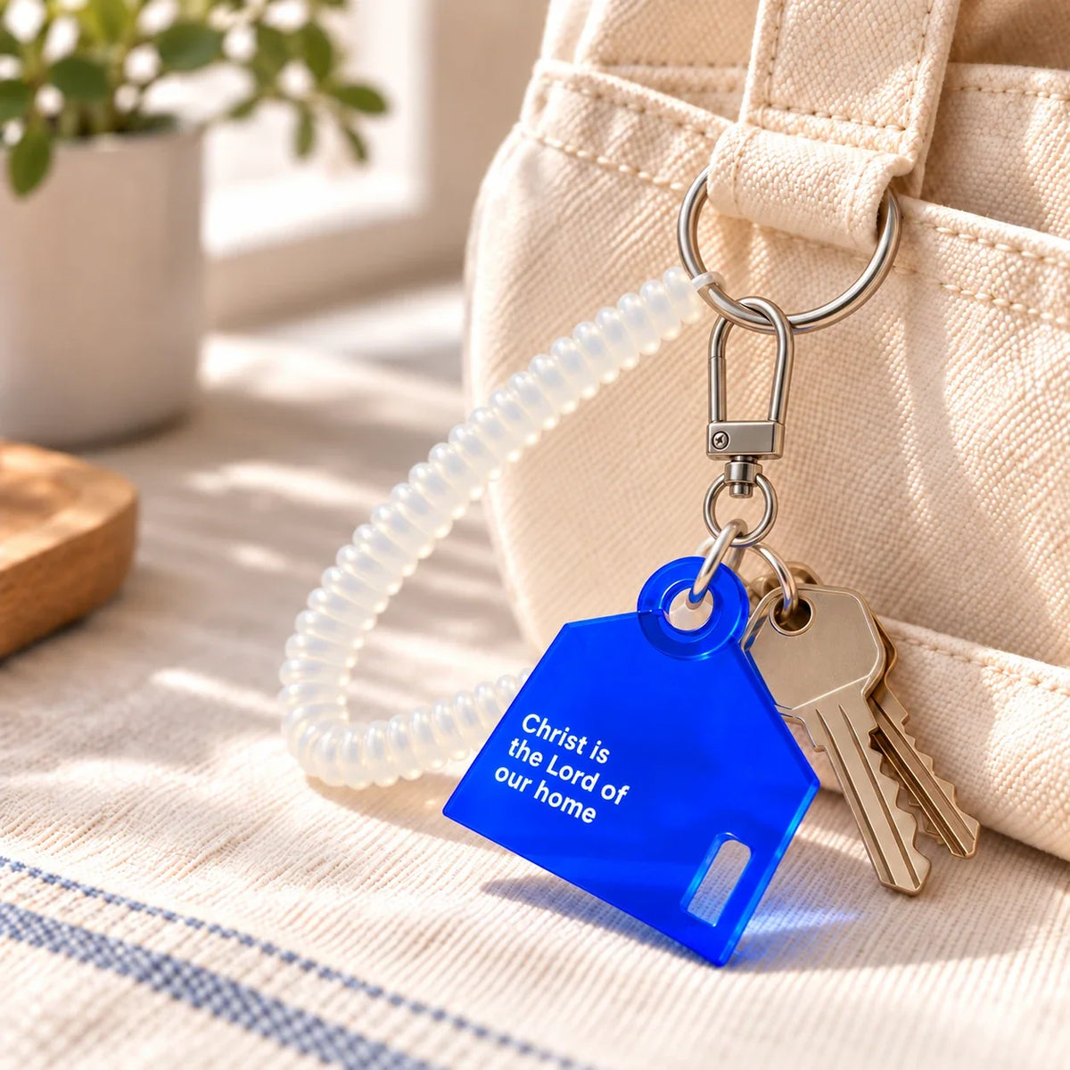 Blue Christ Is the Lord of Our Home house shaped acrylic keychain attached to bag