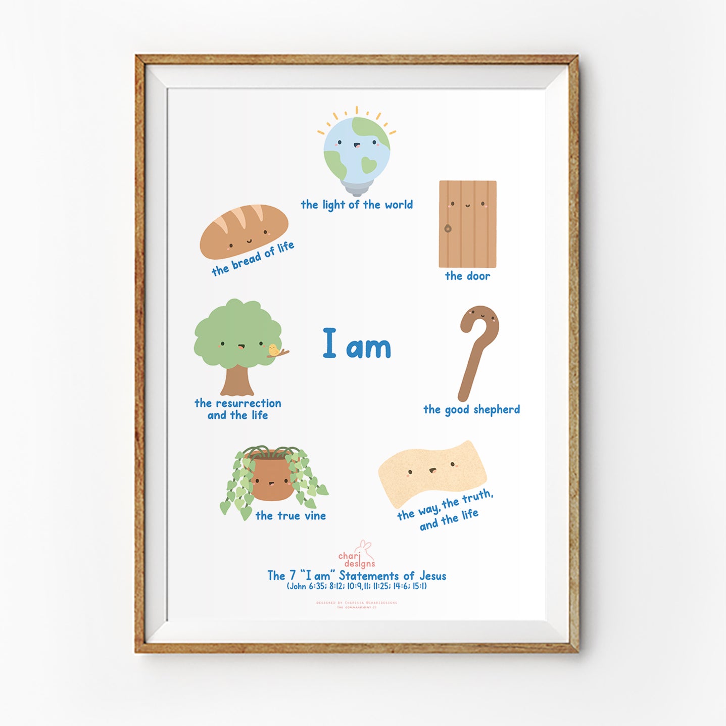 Christian kids wall art featuring the 7 “I Am” statements of Jesus with cute illustrated icons, Bible nursery print in collaboration with Charidesigns.