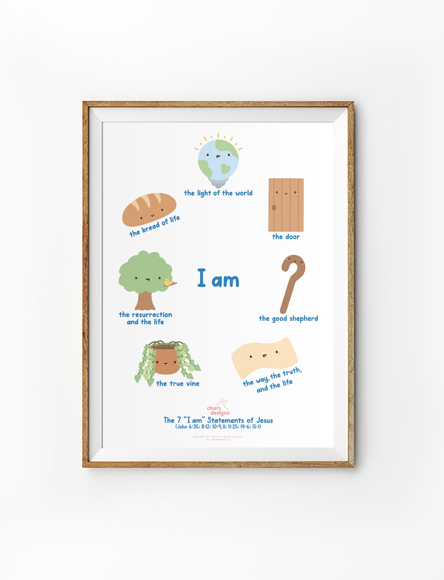 Christian kids wall art featuring the 7 “I Am” statements of Jesus with cute illustrated icons, Bible nursery print in collaboration with Charidesigns.