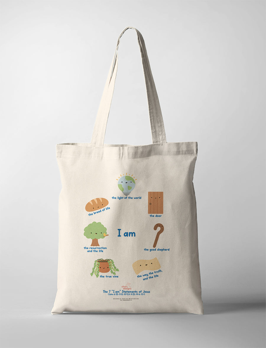 Christian canvas tote bag featuring the 7 “I Am” statements of Jesus with cute illustrated icons including the bread of life, light of the world, good shepherd, and true vine, collaboration with Chari Designs.
