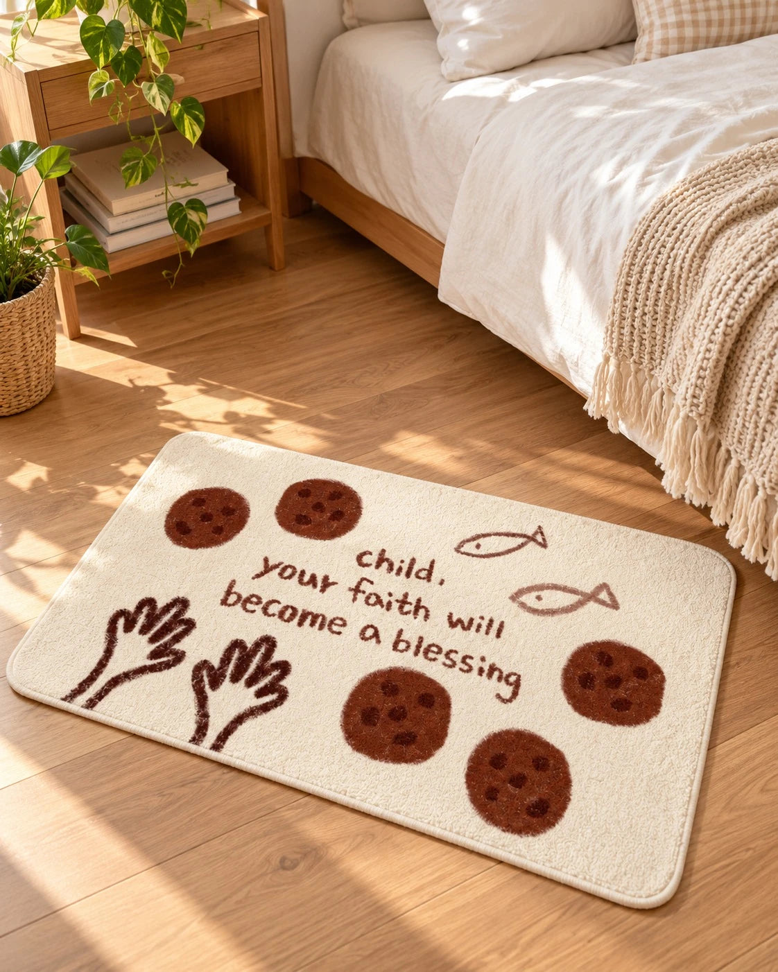 Child Your Faith Will Become a Blessing rug on the floor beside a bed in a warm bedroom