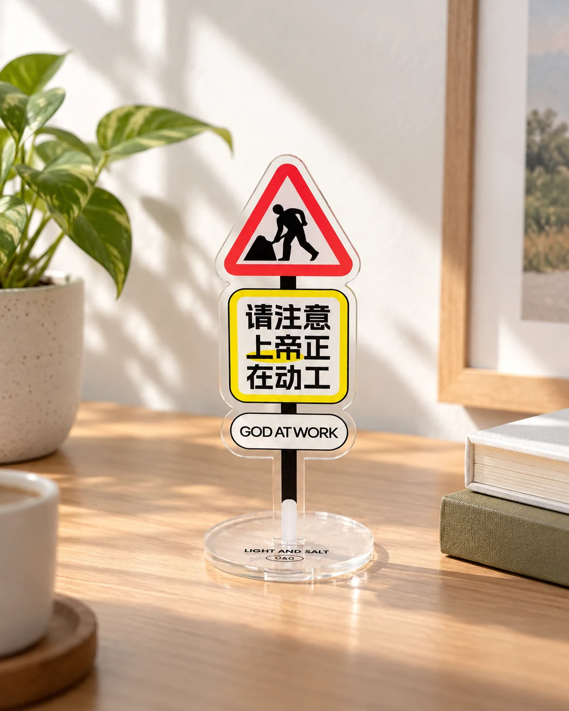 God Is at Work acrylic desktop sign inspired by a road works warning sign, displayed on a wooden desk beside plants and books