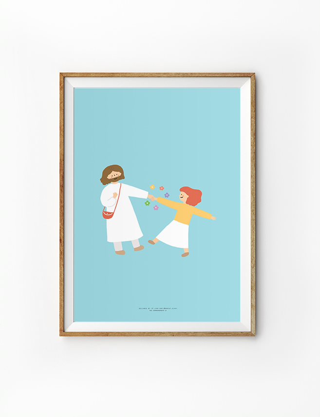 Faith based poster featuring a minimalist illustration of two figures, Jesus and a girl dancing set against a soft blue background. The design exudes a sense of peace and spirituality, encapsulated in a simple wooden frame.