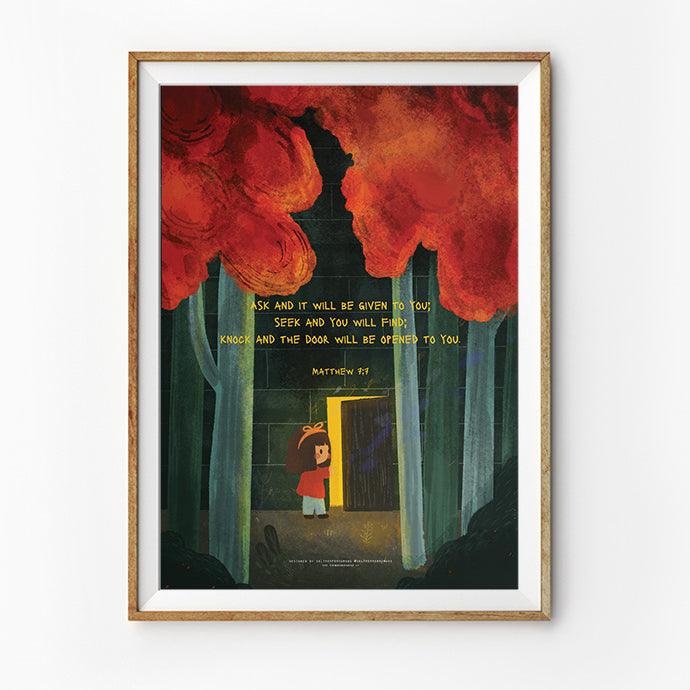 A framed Christian art print featuring an illustration of a child standing in front of an open door in a forest, with red trees overhead. The text includes the Bible verse from Matthew 7:7: 'Ask and it will be given to you; seek and you will find; knock and the door will be opened to you.