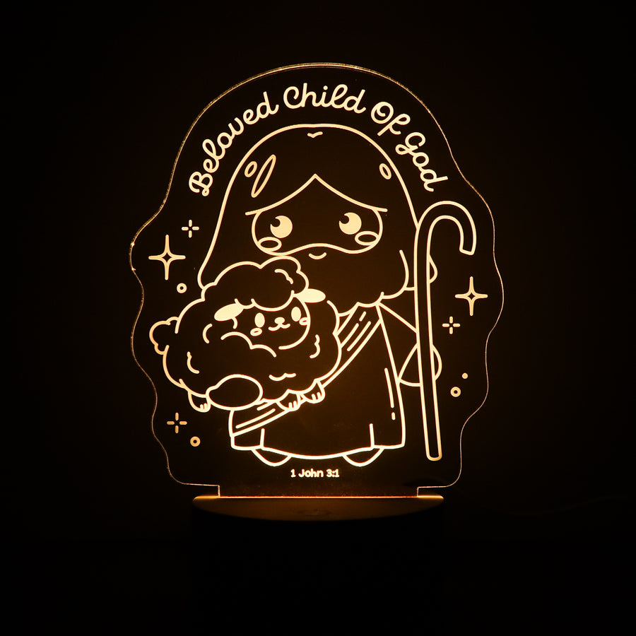 Shepherd Jesus LED night light with Bible verse 1 John 3:1, Christian faith night lamp for bedroom, nursery, or gift.