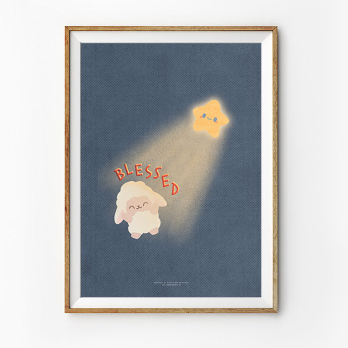 A faith-based poster featuring a minimalist design of a sheep in flight, illuminated by a beam of golden light against a deep blue background. The poster's simplicity emphasizes the theme of peace and spirituality, making it ideal for a serene and inspirational setting.