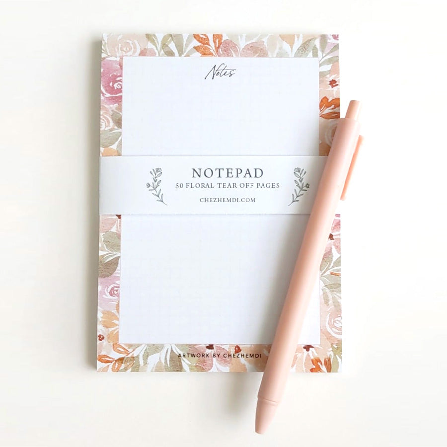 Elegance in Bloom Notepad: 50 pages with square guides, easy tear-off, plus a pen