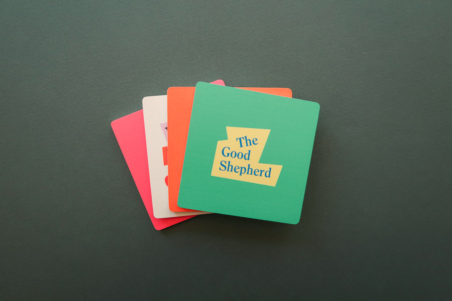 Enlightening Coaster Set: Modern wooden squares adorned with Christian symbols, great gifts