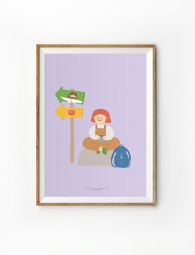 The image features a framed illustration of a person seated with a drink, against a purple background. There are two arrrows. One with Jesus pointing and another towards a money pouch. The design includes simple shapes and bright colors within a light-colored frame.