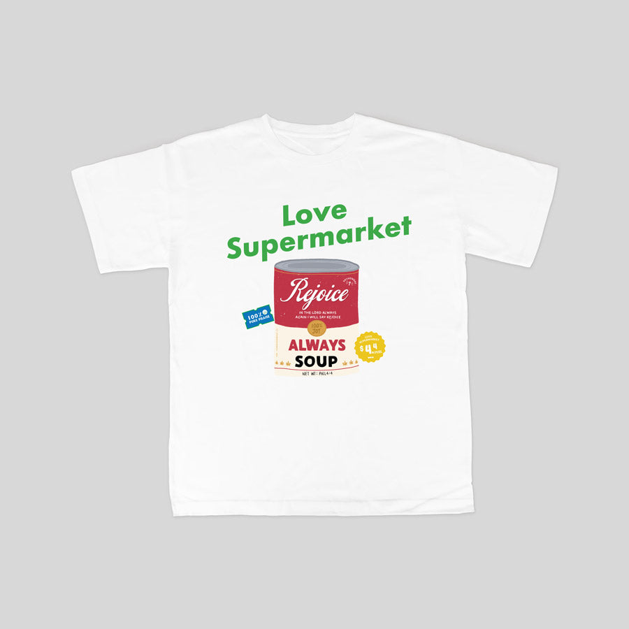 Soulful Shopping Tee with Rejoice Always Canned Soup Design