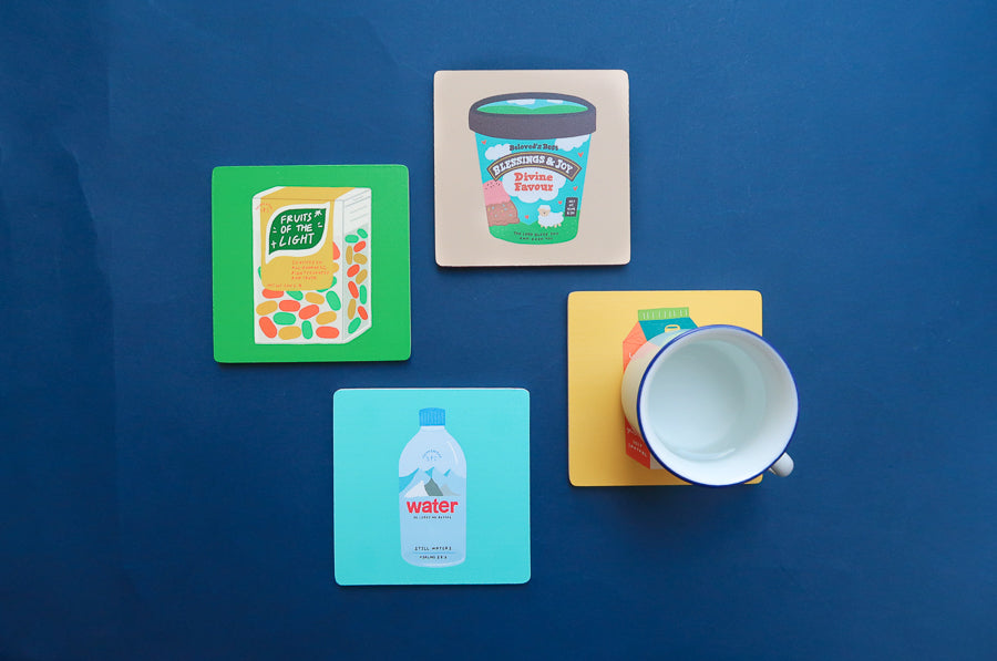 Colourful Love Supermarket Christian wooden coaster set.