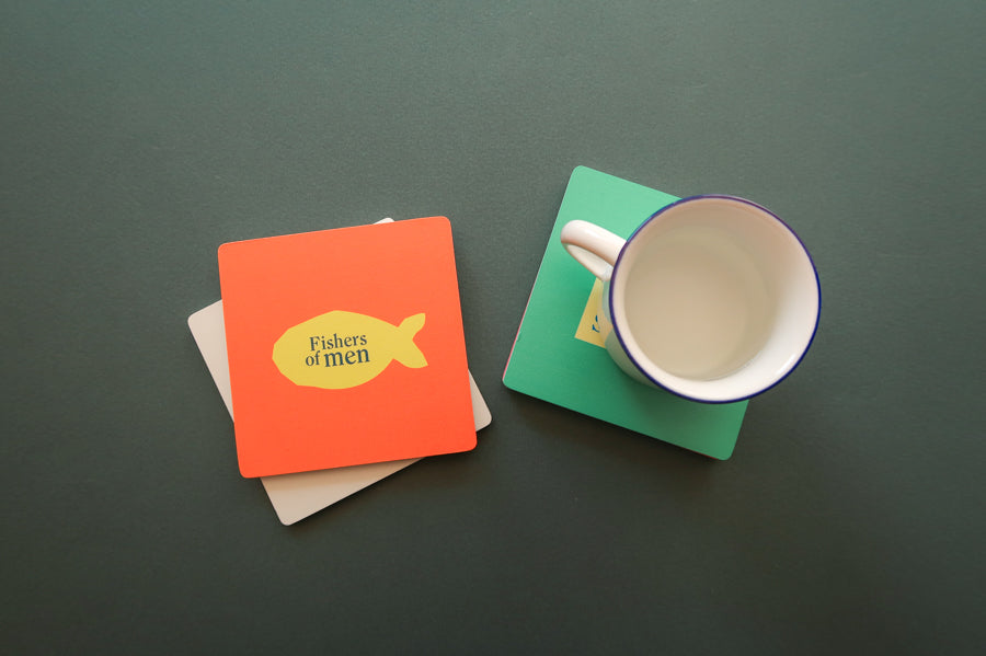 Christian Coaster Set: Colorful wooden square coasters with geometric patterns.