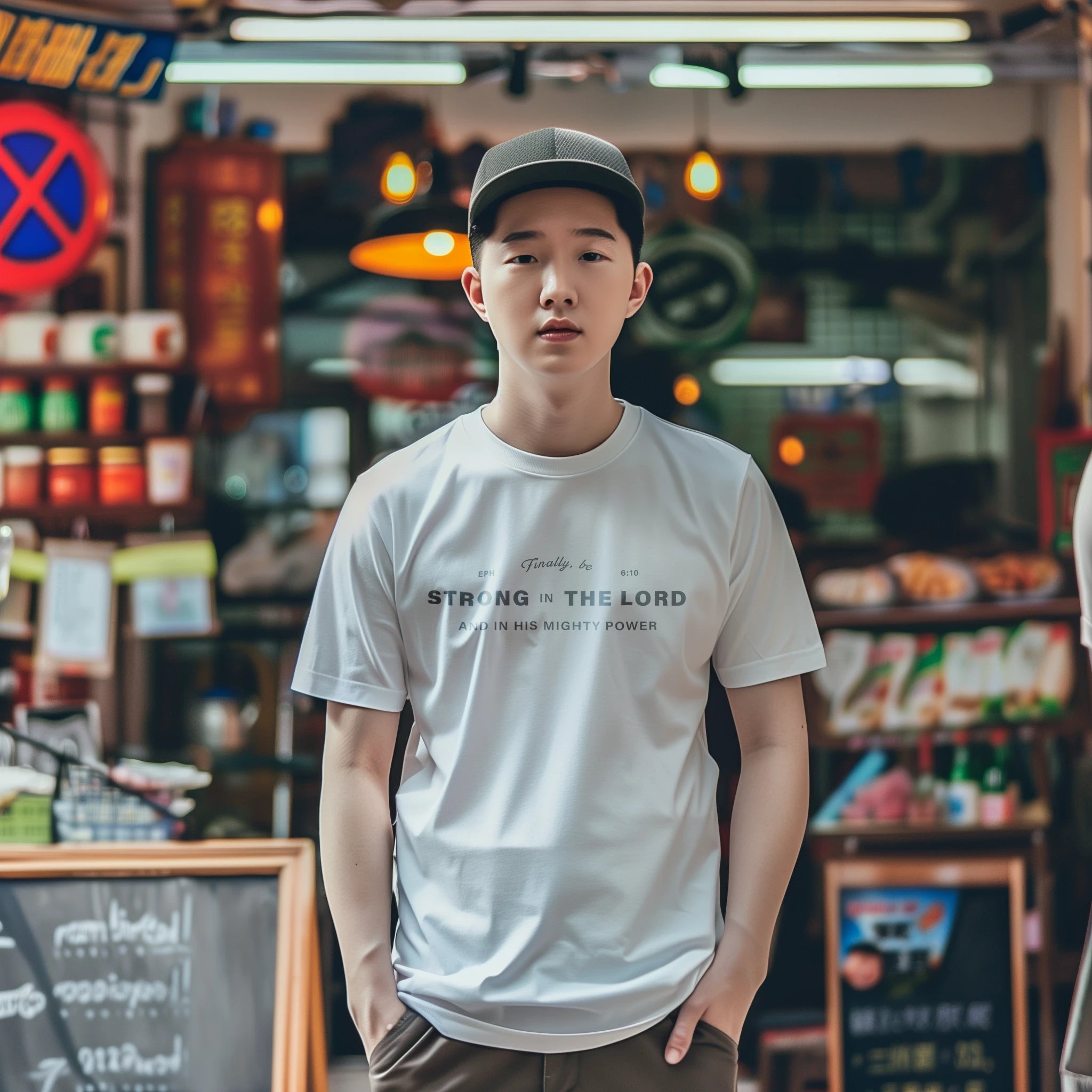 'Strong in the Lord' Christian Tee: Contemporary typography, perfect for expressing unwavering faith.